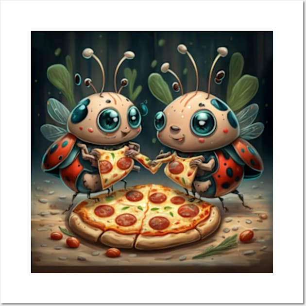 Cute and funny ladybug eating pizza gift ideas stickers tee and more Wall Art by WeLoveAnimals